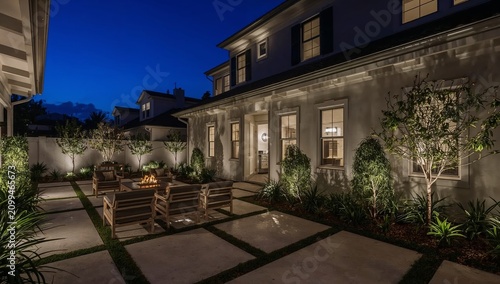 Evening Gathering Around a Fire Pit in a Home Backyard in a Residential Area