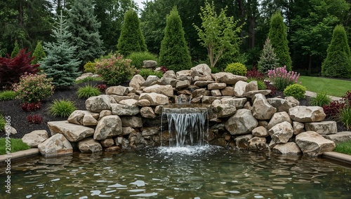 Water Flows Over Rocks in a Landscaped Garden With Plants and Trees During th...