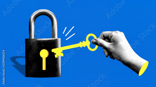 Cuadro en lienzo A halftone-style vector illustration of a hand inserting a yellow key into a black padlock against a vibrant blue background, symbolizing security and access