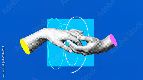 Принти на полотні Surreal pop art collage featuring halftone styled hands reaching for each other against a vibrant blue background with neon geometric rings and abstract shapes