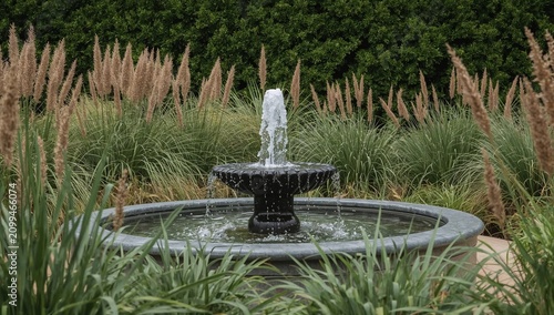 Fountain in a Garden Surrounded by Tall Grass and Pampas Plants During Daytime
