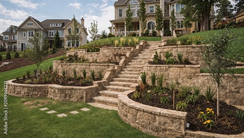 Stairs Lead up Through a Garden With Stone Walls and Various Plants in a Subu...