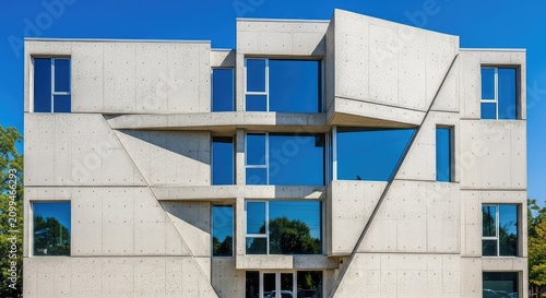 A striking view of a midcentury modernist building made of raw concrete featuring bold geometric patterns and large glass windows today, stark, modernism, wall