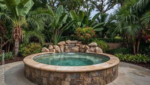 Relaxing Hot Tub in a Tropical Garden With Palm Trees and Lush Plants
