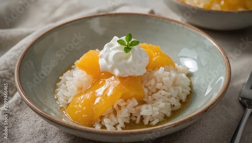 Mango and Rice Served on a Plate With a Dollop of Cream and Nuts on the Side