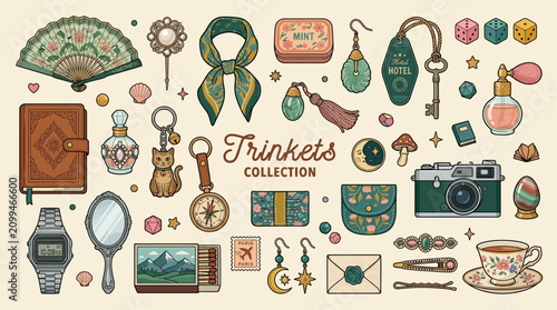 Quadro su tela Exploring Vintage Trinkets Collection, Nostalgic Objects, Cozy Environment, Illu