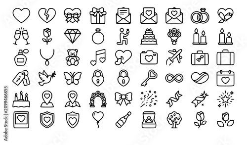 Elegant Romantic Outline Icons with Hearts Wedding Gifts Champagne and Love Symbols Vector Set
