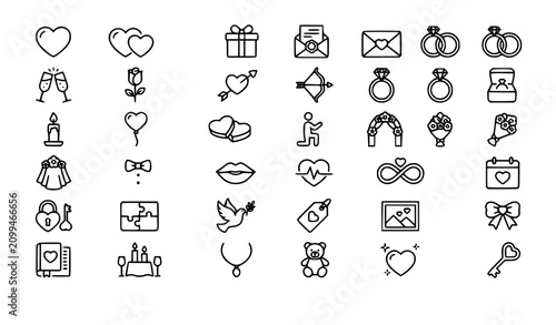 Love Line Icons Set with Heart Gift Box Wedding Rings Romantic Letter and Champagne Glasses Vector Collection