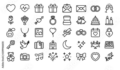 Luxury Love Line Icons Collection with Wedding Rings Gift Box Hearts Romantic Letter and Champagne Vector