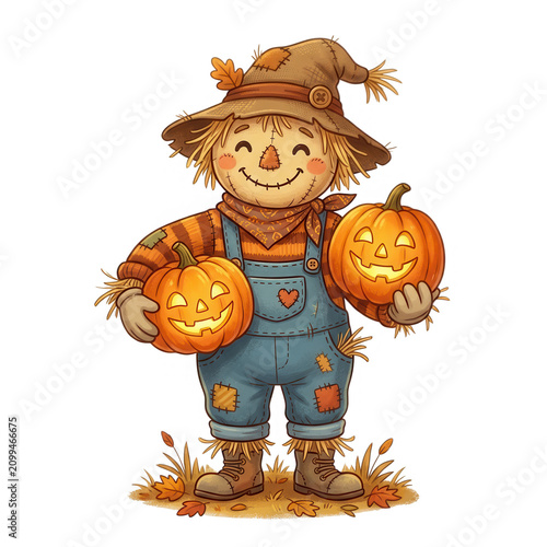 Cute scarecrow with pumpkins in autumn field holding a rake