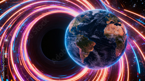 A dramatic abstract digital scene showing a black hole pulling Earth through cosmic gravity, with glowing neon RGB colors representing advanced technology, space exploration, energy, and futuristic sc