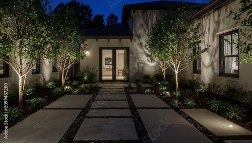 Outdoor Space With a Fire Pit and Trees During Twilight in a Modern Setting