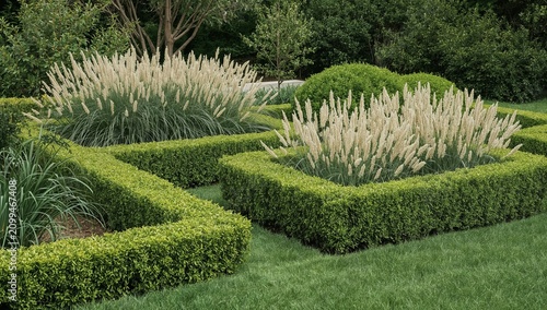 Garden Design Features Boxwood Hedges and Ornamental Grasses in a Landscaped ...