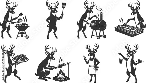 Foto Deer grill master character set for summer barbecue party vector graphics