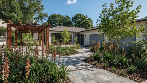 Visitors Walk Along the Stone Path in a Landscaped Yard With Plants and Trees