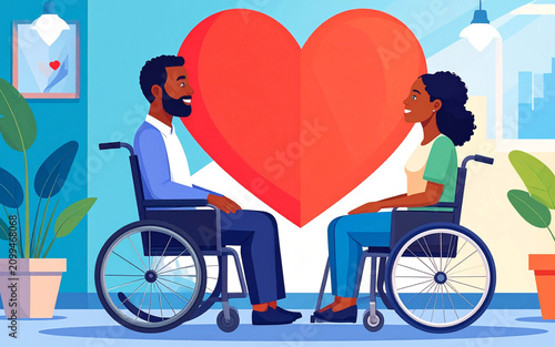 Inclusive Couple in Wheelchairs Sharing a Romantic Date Flat Illustration