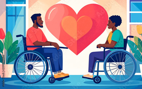 Inclusive Couple in Wheelchairs Sharing a Romantic Date Flat Illustration