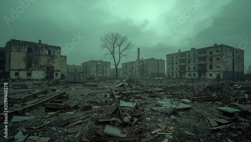 Buildings Stand in a Deserted Area With Broken Structures and Gray Clouds Above