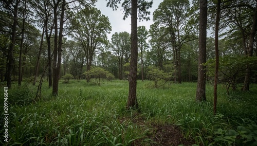 Forest Scene With Tall Trees and Green Grass on a Cloudy Day in a Natural Set...