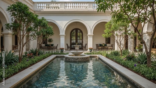 Modern Courtyard With Pool and Plants in a Home Under Sunlight During the Day