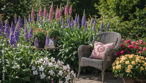 Garden Scene With Flowers and Seating Area for Reading in the Afternoon