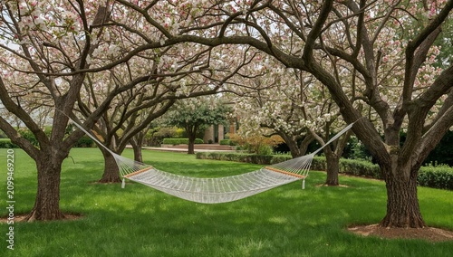 Relaxing in a Hammock Under Blooming Trees in a Garden During Spring Afternoon