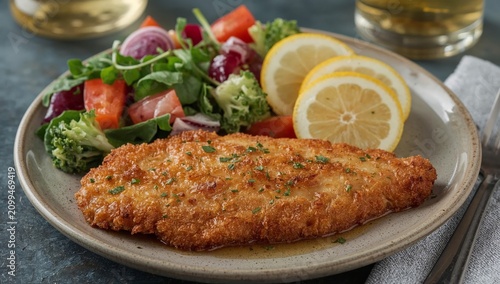 Delicious Fish Fillet Served With Fresh Salad and Lemon Slices at a Dining Table