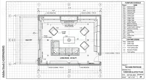 Fotografie Architectural floor plan of a living room space with furniture layout and lighti
