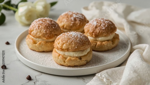 Sweet Cream-Filled Pastries on a White Plate With Flowers and Cloth Nearby in...