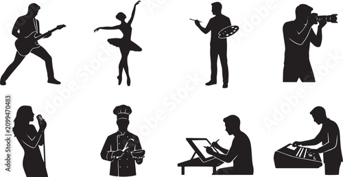 Set of black silhouettes representing various professions and hobbies, including musician, ballerina, painter, photographer, singer, chef, and artist