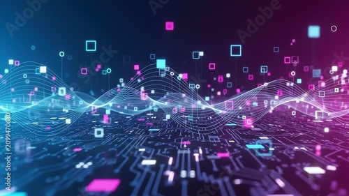 Digital technology circuit board with abstract data waves