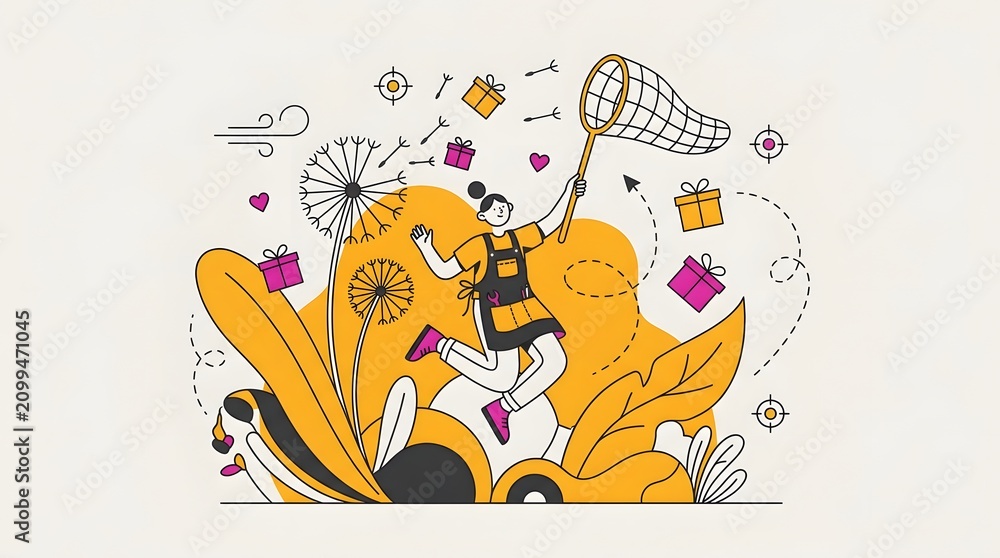 Obraz premium Cheerful Woman Catching Flying Gift Boxes with Net near Dandelion Flowers for Reward and Incentive