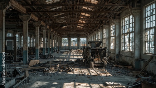 Abandoned Warehouse With Scattered Debris and Sunlight Filtering Through Windows