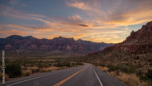 Scenic Road Through Mountain Landscape at Sunset in a Desert Area