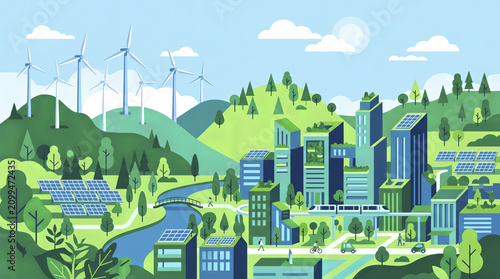 Eco friendly smart city with wind turbines and solar panels, flat vector illustration of sustainable green energy concept