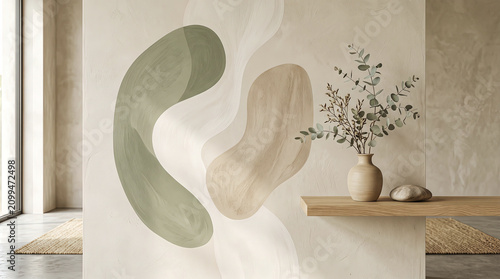 Abstract geometric wall mural in Japandi style bedroom, minimalist interior design with eucalyptus branch in ceramic vase