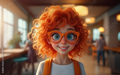 Girl with curly ginger hair wearing glasses student portrait classroom learning