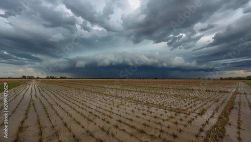 Dark Clouds Gather Over Rice Fields in Late Afternoon Before Storm