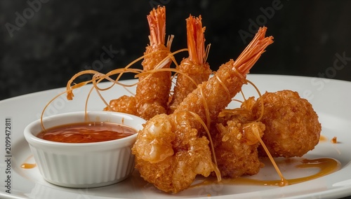 Shrimp Served With Sauce and Lime on a White Plate on a Dark Surface
