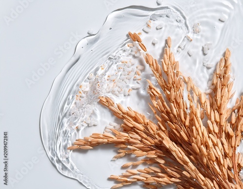 top view rice bran water splash with bran on white surface skincare banner with space for text