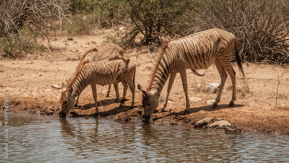 Obraz premium Zebras Drink Water at a Small Pond in a Dry Landscape During the Daytime