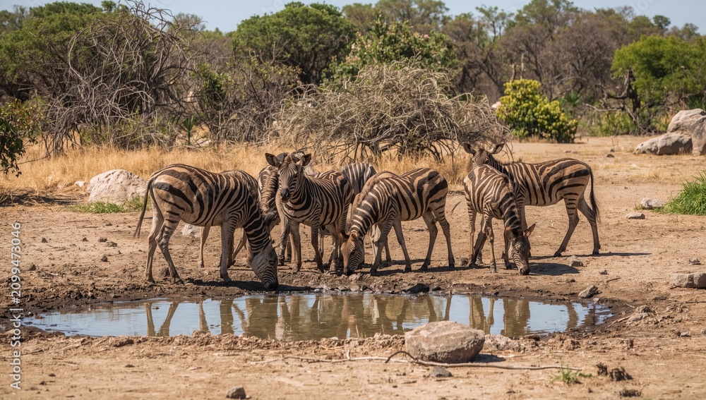Obraz premium Zebras Drink Water at a Small Pond in a Dry Landscape During the Daytime
