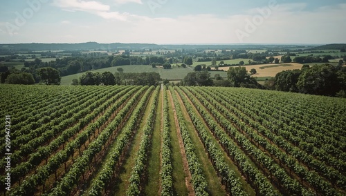 Vineyard Landscape Shows Rows of Grapevines Under Sunlight in Countryside Area
