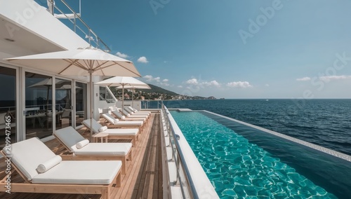 Luxury Villa Overlooking Ocean With Sun Loungers and Swimming Pool on Sunny Day