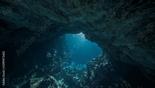Light Shines Through an Underwater Cave Into Dark Water With Rocks and Shadows