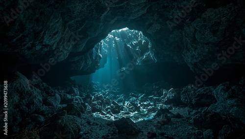 Light Shines Through an Underwater Cave Into Dark Water With Rocks and Shadows