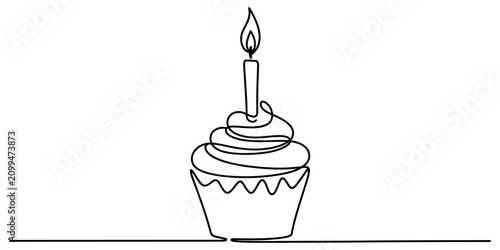 Foto Continuous single line drawing of a birthday cupcake with a burning candle on to