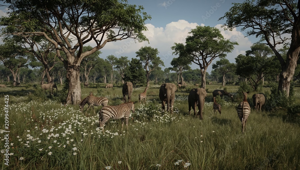 Obraz premium Wild Animals Gather in a Grassy Area With Trees and Flowers Under a Clear Sky in the Afternoon