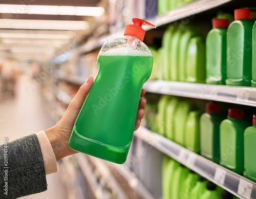 hand selects green dish soap from supermarket shelf among similar
