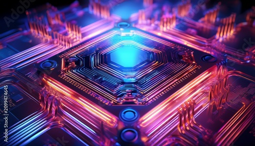 closeup of a quantum computer chip with glowing blue and pink lights